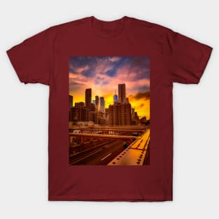 Manhattan Skyline Sunset Sky Brooklyn Bridge NYC T-Shirt
